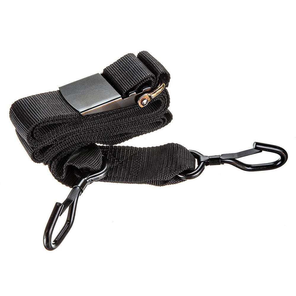 Attwood Quick-Release Gunwale Strap 2 inch by 13 feet with black webbing and J-Hooks for secure boat trailer attachment