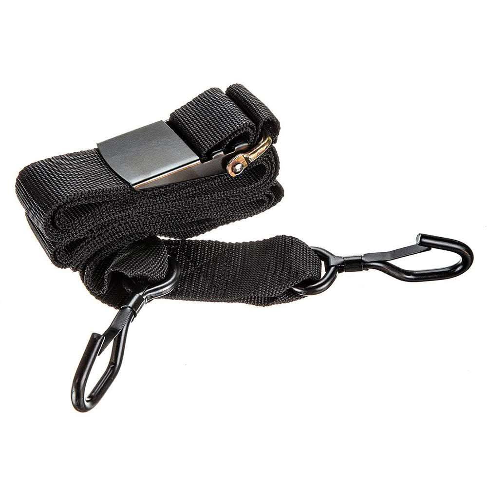 Attwood Quick-Release Gunwale Strap 2 inch by 13 feet with black webbing and J-Hooks for secure boat trailer attachment