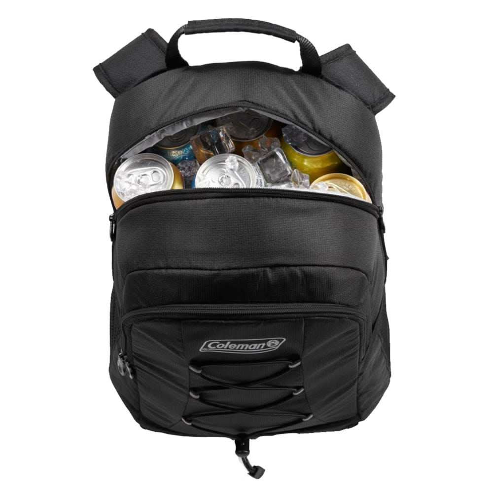Coleman CHILLER 28-can black soft-sided backpack cooler with ice and drinks