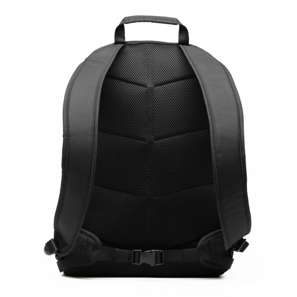 Back view of Coleman CHILLER 28-can soft-sided black backpack cooler with padded straps and waist belt