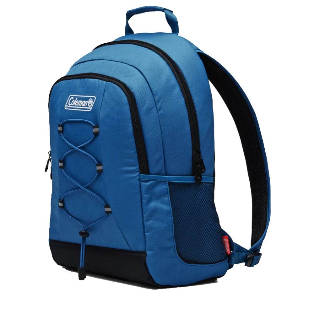 Coleman CHILLER 28-Can Soft-Sided Backpack Cooler in deep ocean blue with adjustable padded straps and insulated leakproof design