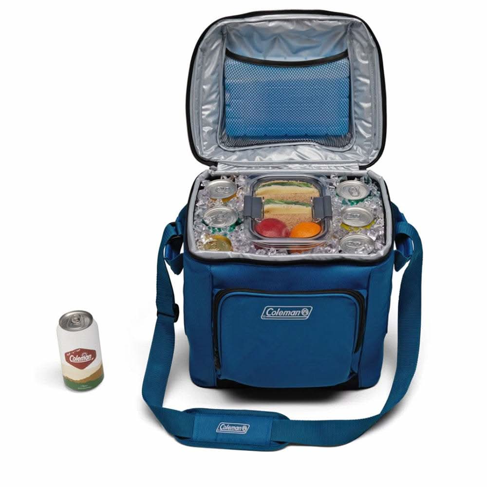 Coleman CHILLER 30-Can soft-sided portable cooler in deep ocean blue with adjustable strap and insulated interior.