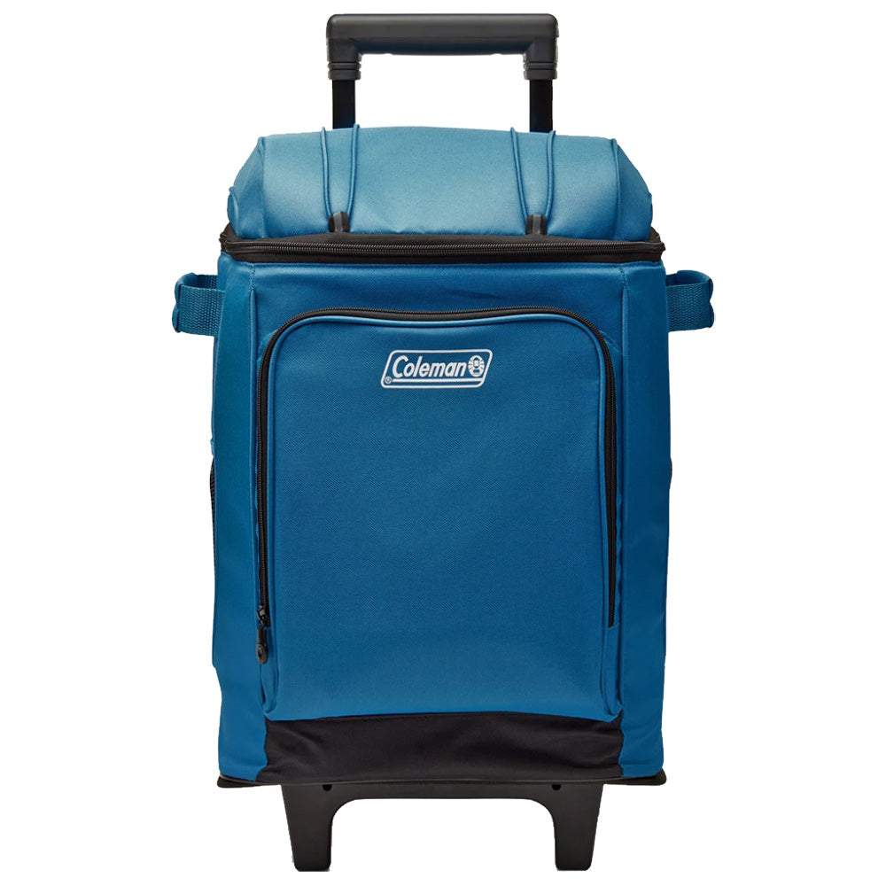 Coleman CHILLER 42-Can soft-sided portable cooler in deep ocean blue with wheels and telescoping handle