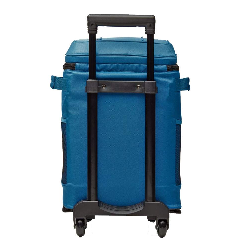 Coleman CHILLER 42-Can soft-sided portable cooler with wheels in deep ocean color, telescoping handle, and recycled polyester exterior