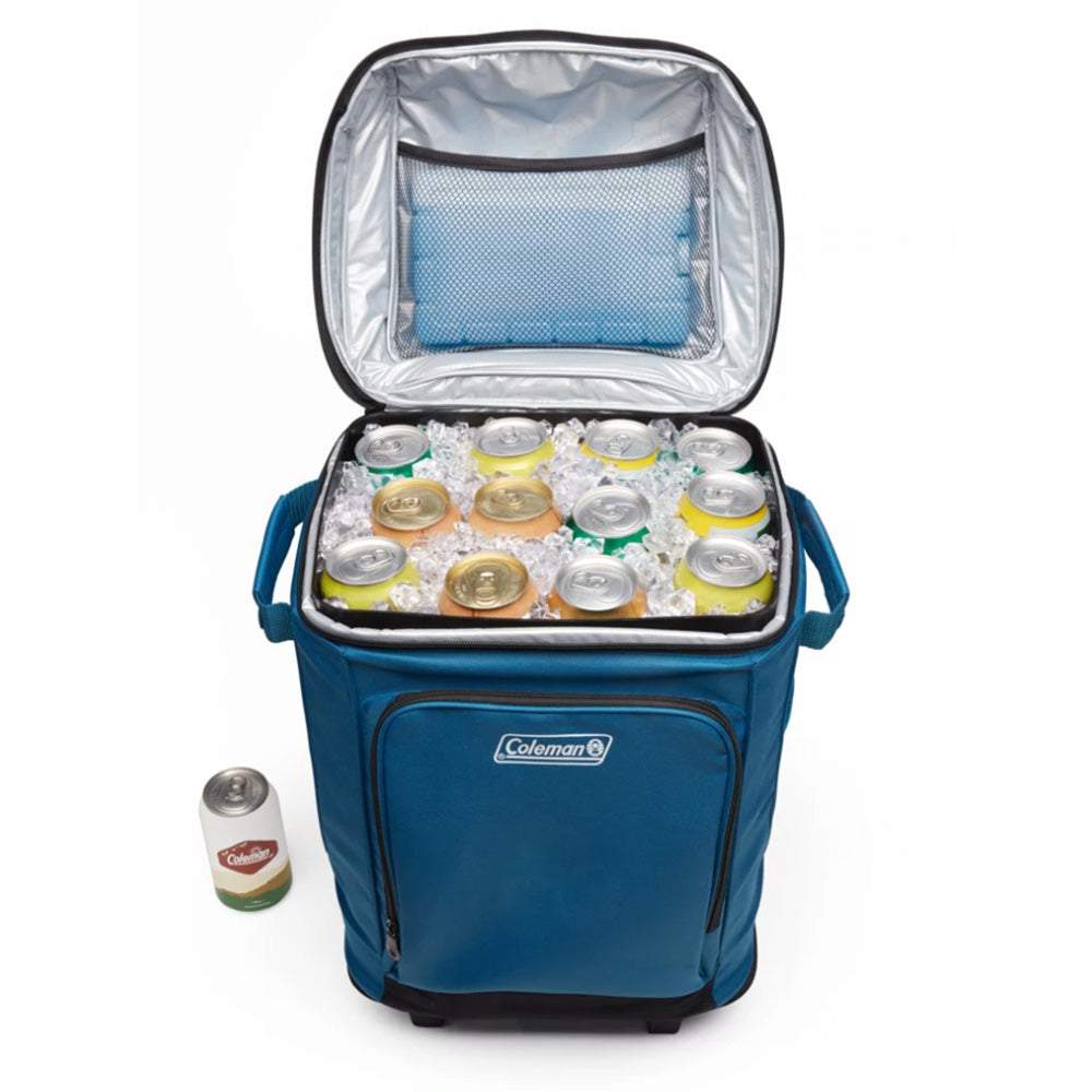 Coleman CHILLER 42-Can soft-sided portable cooler in deep ocean blue with wheels and telescoping handle, open showing cans and ice inside