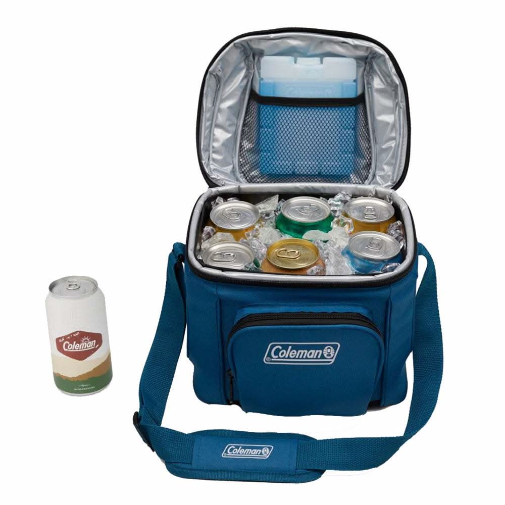 Coleman CHILLER 9-can soft-sided portable cooler in deep ocean color with padded sling strap and insulated interior holding ice and cans