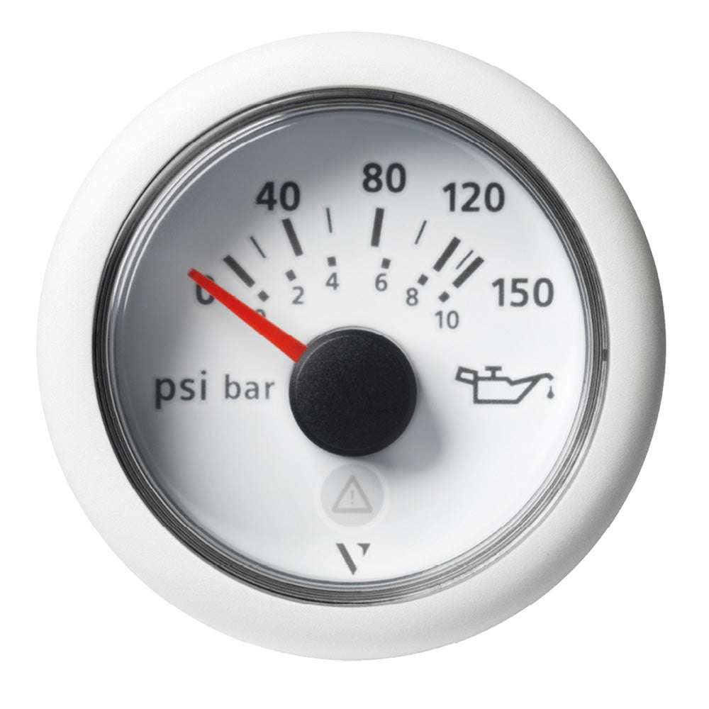 Veratron ViewLine 52mm engine oil pressure gauge with white dial and bezel, 150 PSI maximum, IP67 rated.