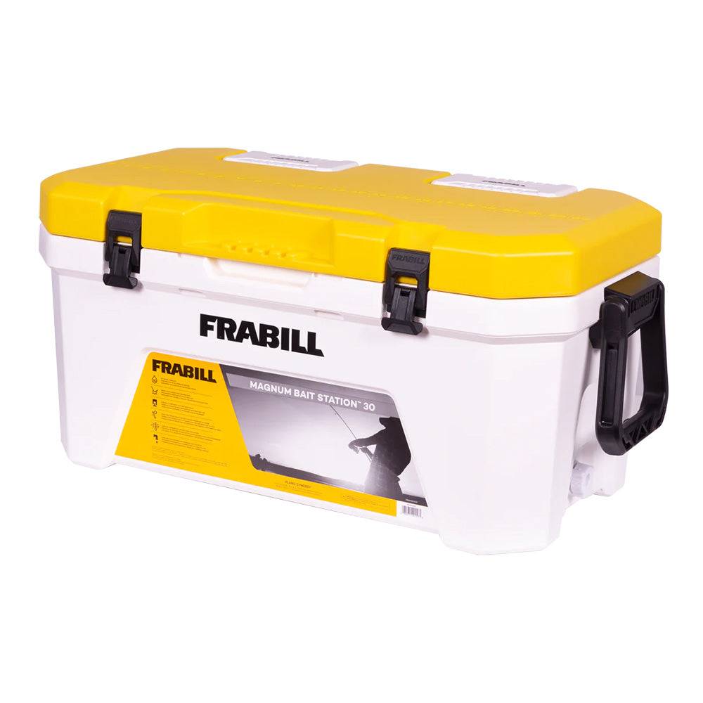 Frabill Magnum Bait Station 30 quart capacity aerator for large bait with yellow lid and heavy-duty design