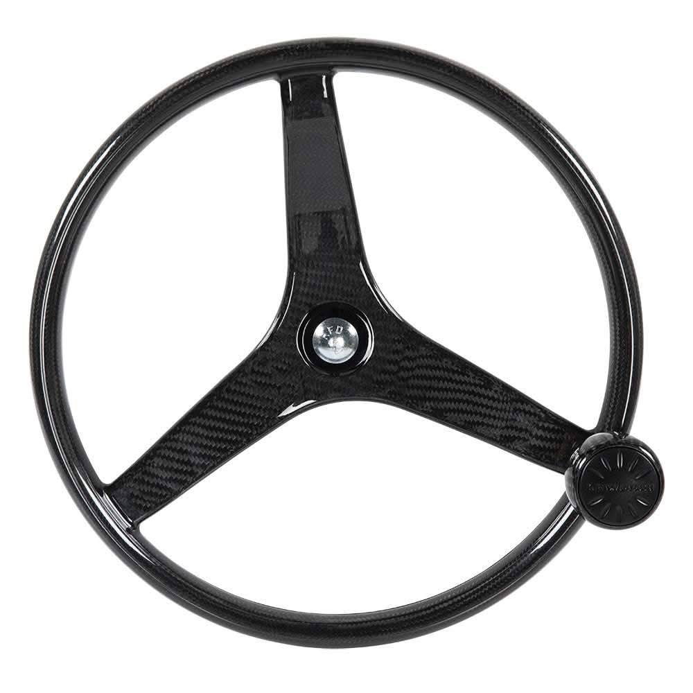 Lewmar Power Grip carbon fiber boat steering wheel with 3 spokes and ergonomic grip knob