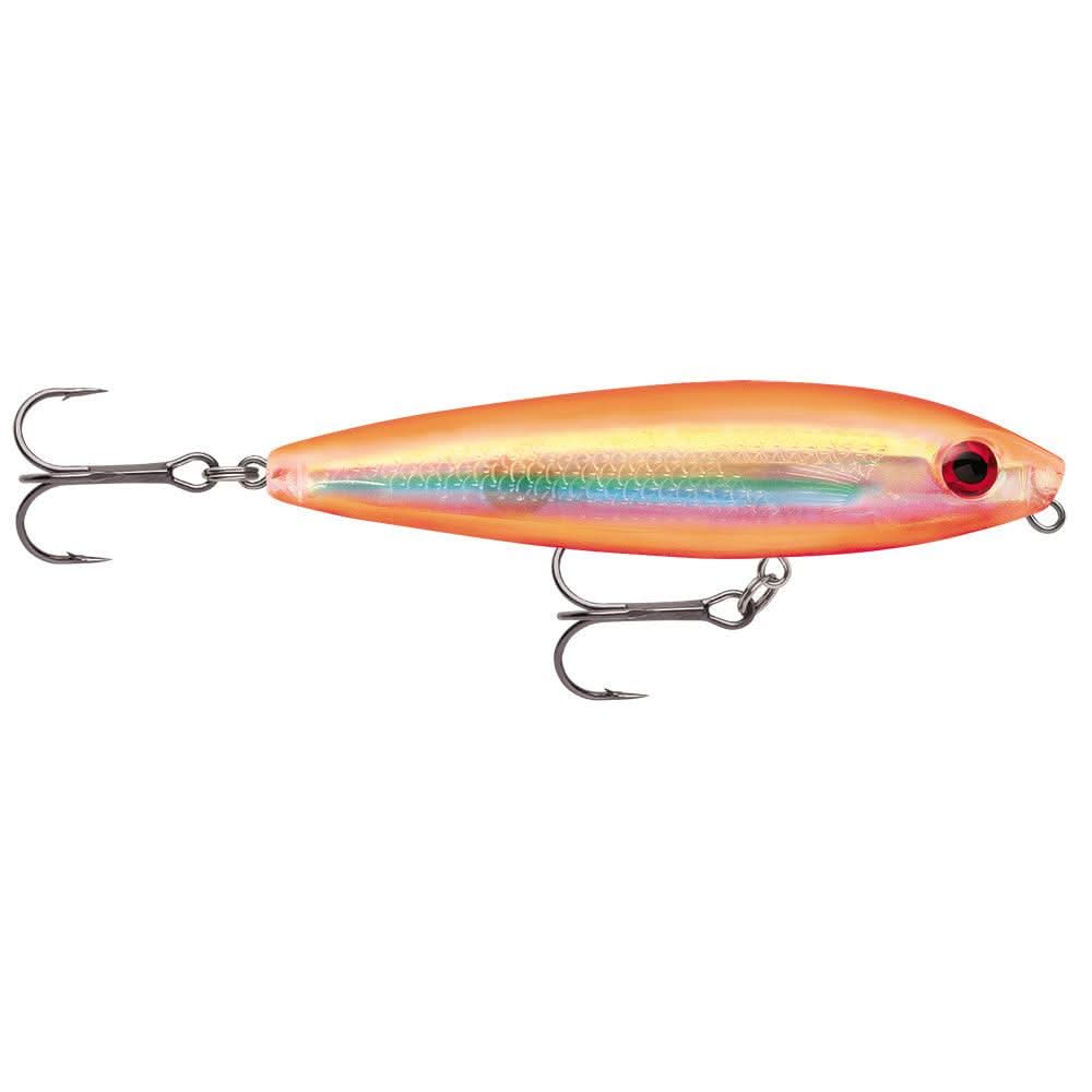 Rapala Skitter Walk® 08 topwater fishing lure in holographic orange gold with realistic eyes and VMC black nickel treble hooks
