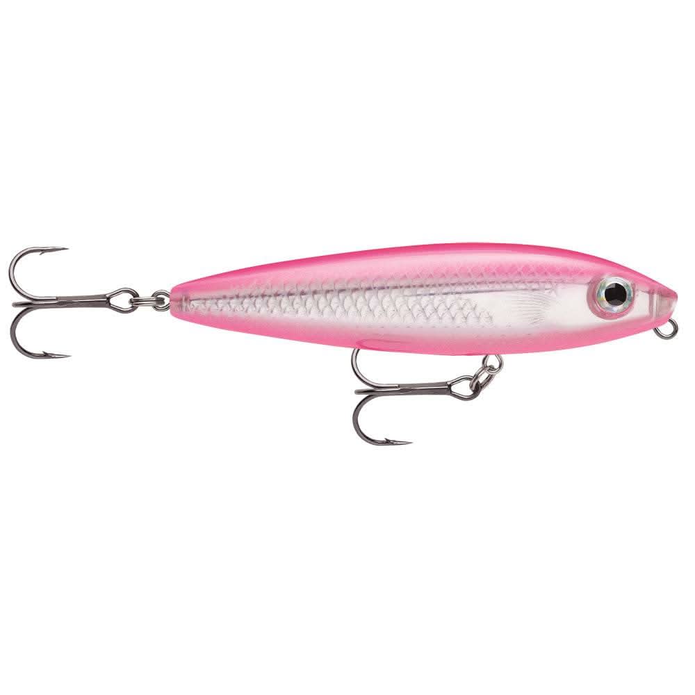 Rapala Skitter Walk 08 topwater fishing lure in hot pink and silver with two treble hooks