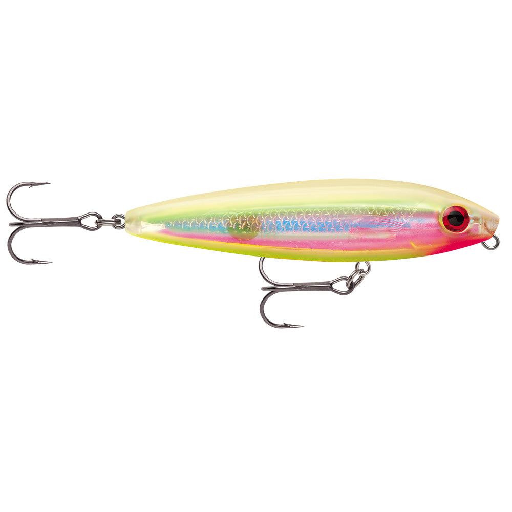 Rapala Skitter Walk 08 fishing lure in holographic bone chartreuse with realistic eyes and VMC black nickel treble hooks