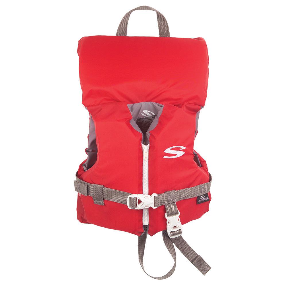 Stearns Classic Infant Life Jacket in red for children up to 30 lbs with adjustable straps and rescue handle