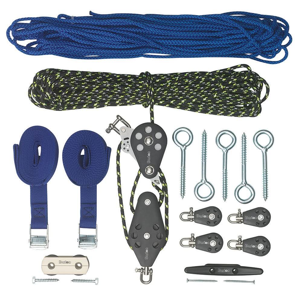 Barton Marine SkyDock Storage System kit with ropes, pulleys, straps, eyebolts, and hardware for 4:1 mechanical lift up to 175 lbs