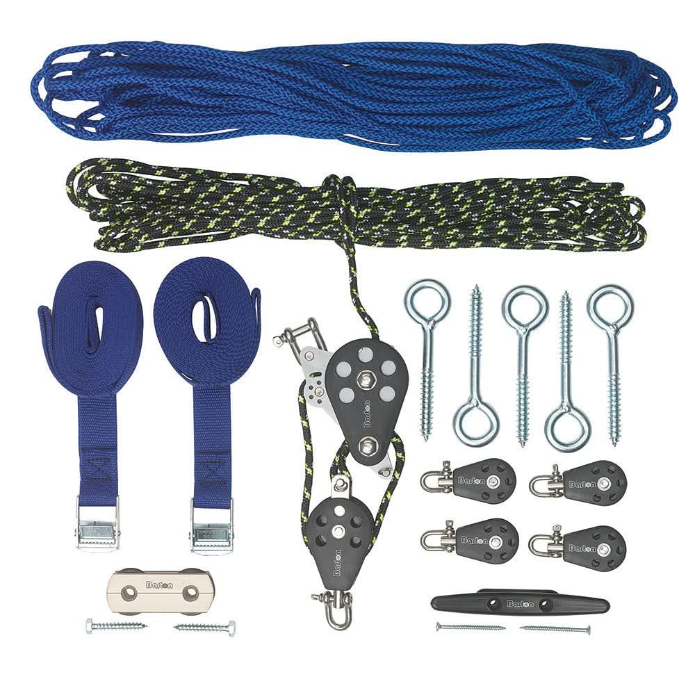 SkyDock Storage System kit with ropes, pulleys, eye bolts, lifting straps, and cleat for overhead load lifting and storage