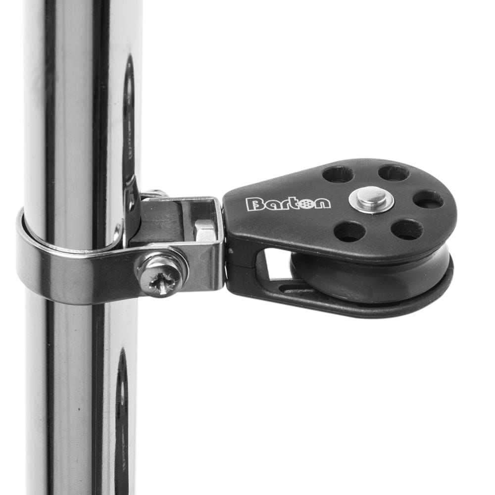 Barton Marine stanchion lead block with swivel head and ball bearing sheave mounted on stainless steel strap