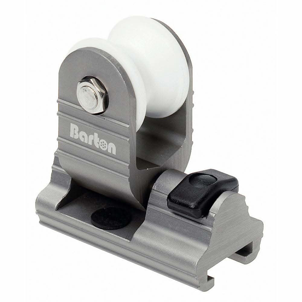 Barton Marine Genoa Car with 20mm T track, gray anodized aluminum, Ertalyte sheave, easy-grip plunger knob.
