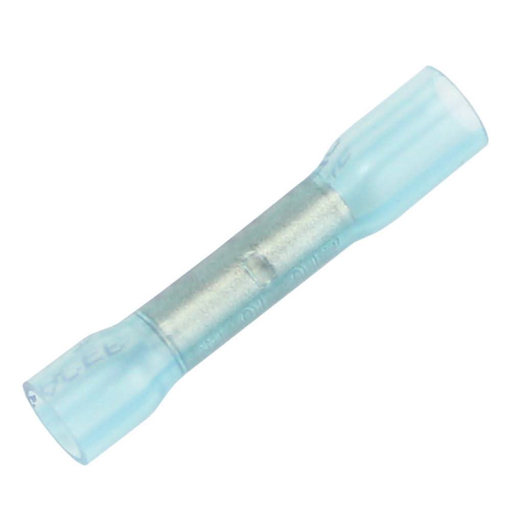 Pacer 16-14 AWG blue heat shrink butt connector for wire splicing, 25 pack