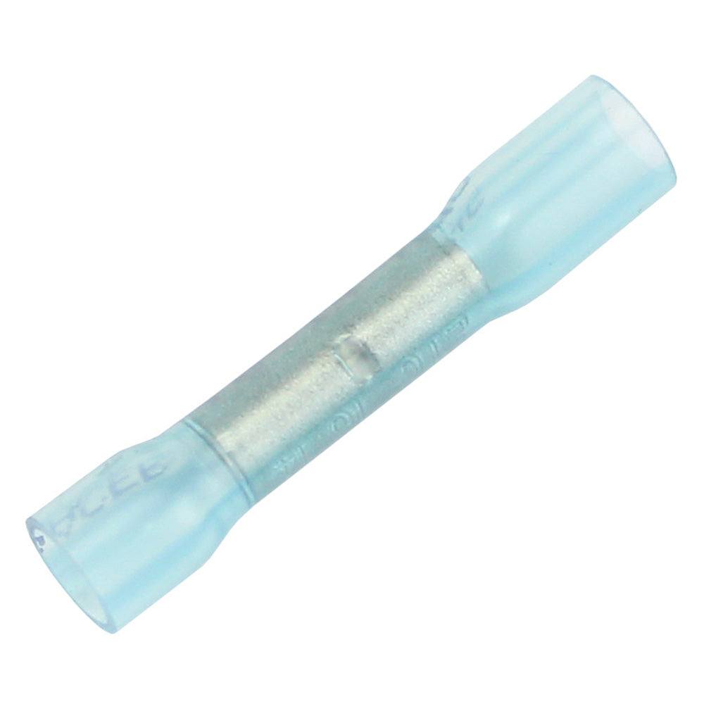 Pacer 16-14 AWG heat shrink butt connector with blue insulation for secure wire splicing