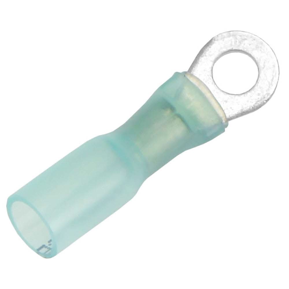 Blue 16-14 AWG heat shrink ring terminal with #8 stud size, 100 pack