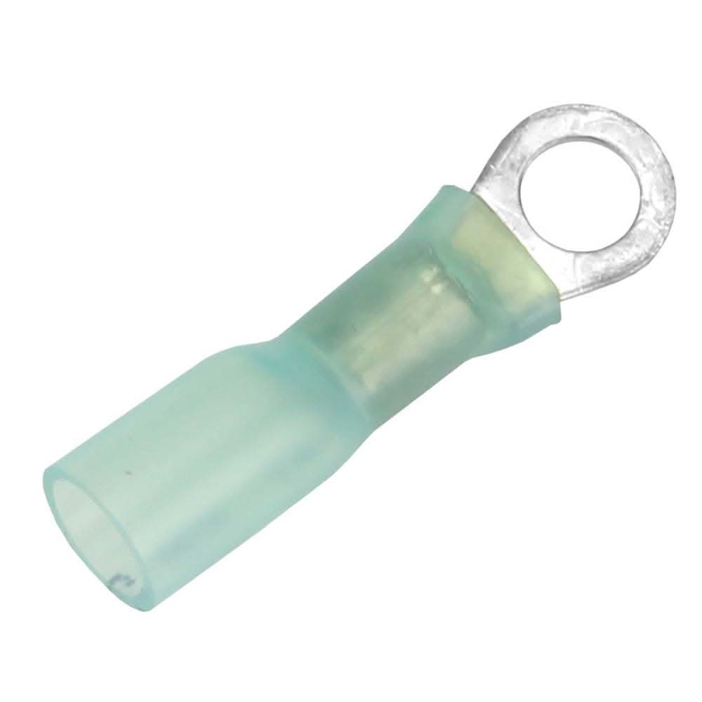 Blue 16-14 AWG heat shrink ring terminal with #10 stud size for secure electrical connections, pack of 25