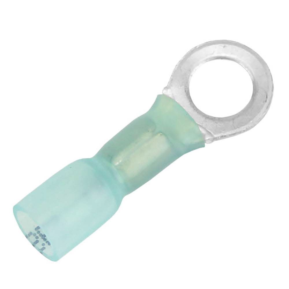 Blue 16-14 AWG heat shrink ring terminal with 1/4 inch stud size and tin-plated copper construction