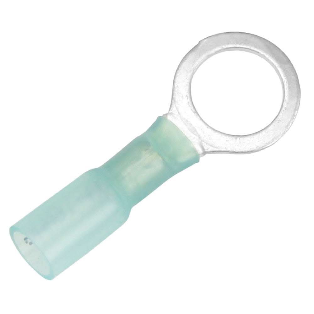 Pacer 16-14 AWG heat shrink ring terminal with 3/8 inch stud size, blue tint, durable and easy to install.