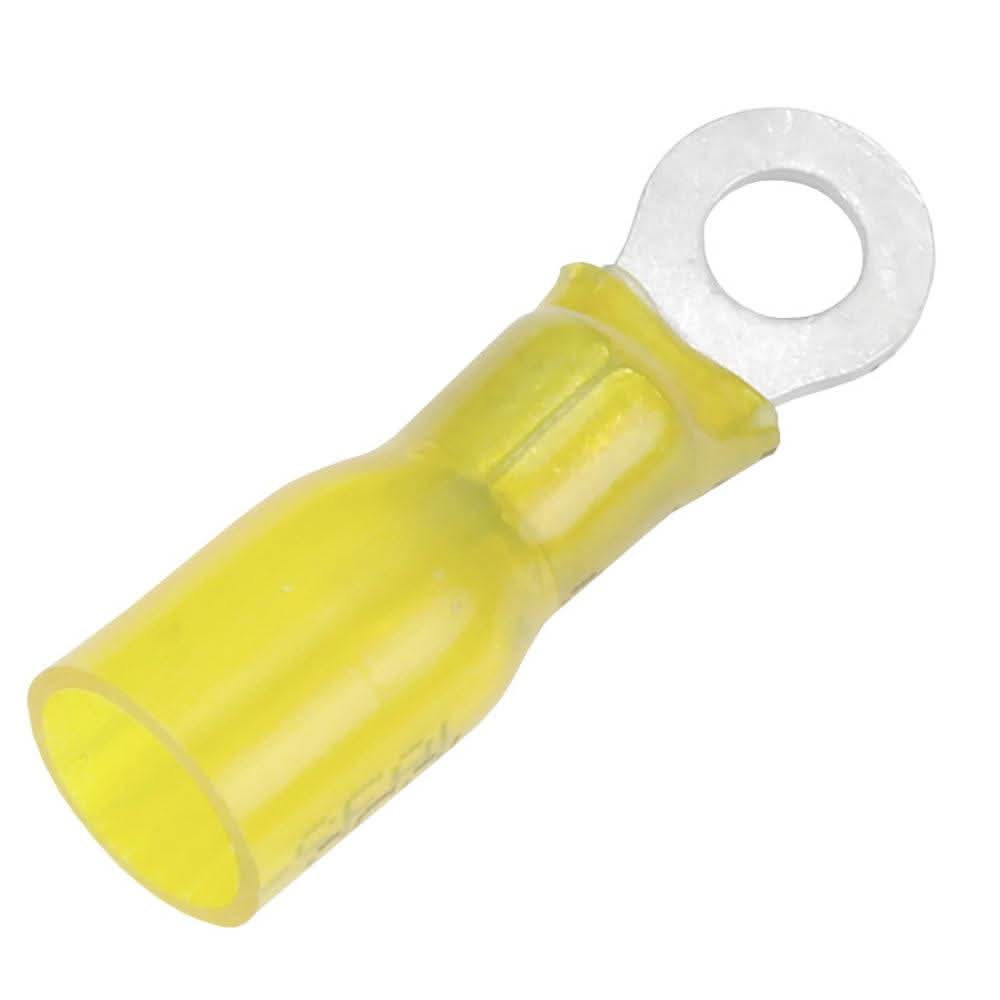 Yellow Pacer 12-10 AWG heat shrink ring terminal with #8 stud size, tin-plated, 3 pack