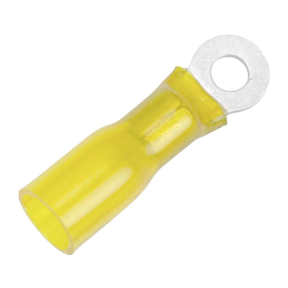 Yellow Pacer 12-10 AWG heat shrink ring terminal with #10 stud size, tin-plated copper, pack of 3
