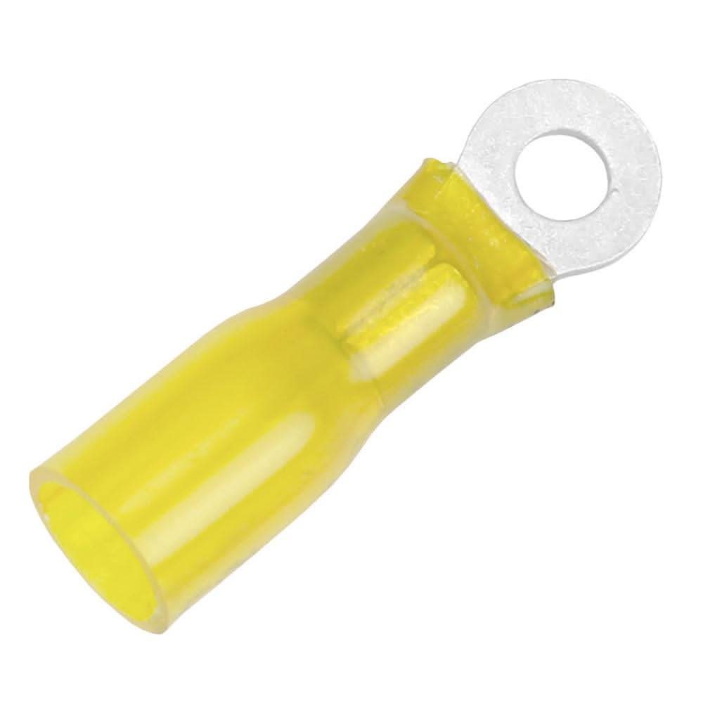 Pacer 12-10 AWG heat shrink yellow ring terminal with #10 stud size, 25 pack