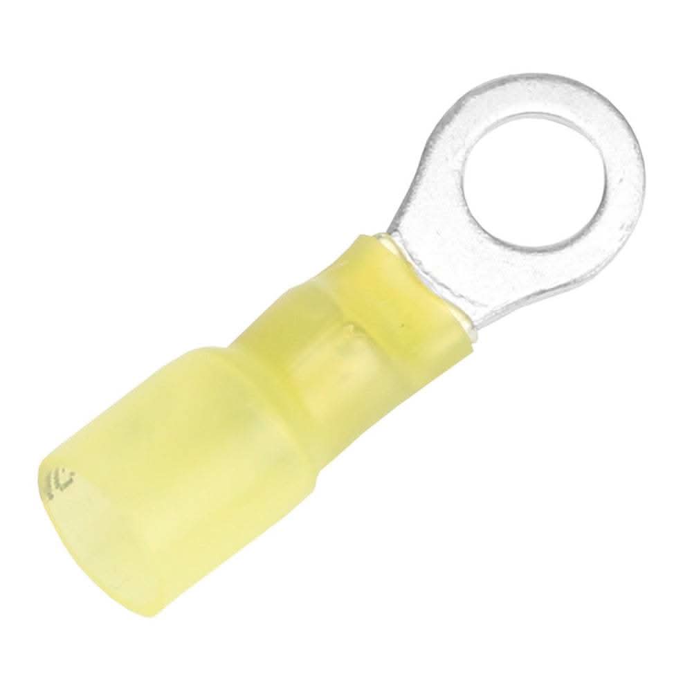 Yellow Pacer 12-10 AWG heat shrink ring terminal with 1/4 inch stud size for secure wire connections, 3 pack