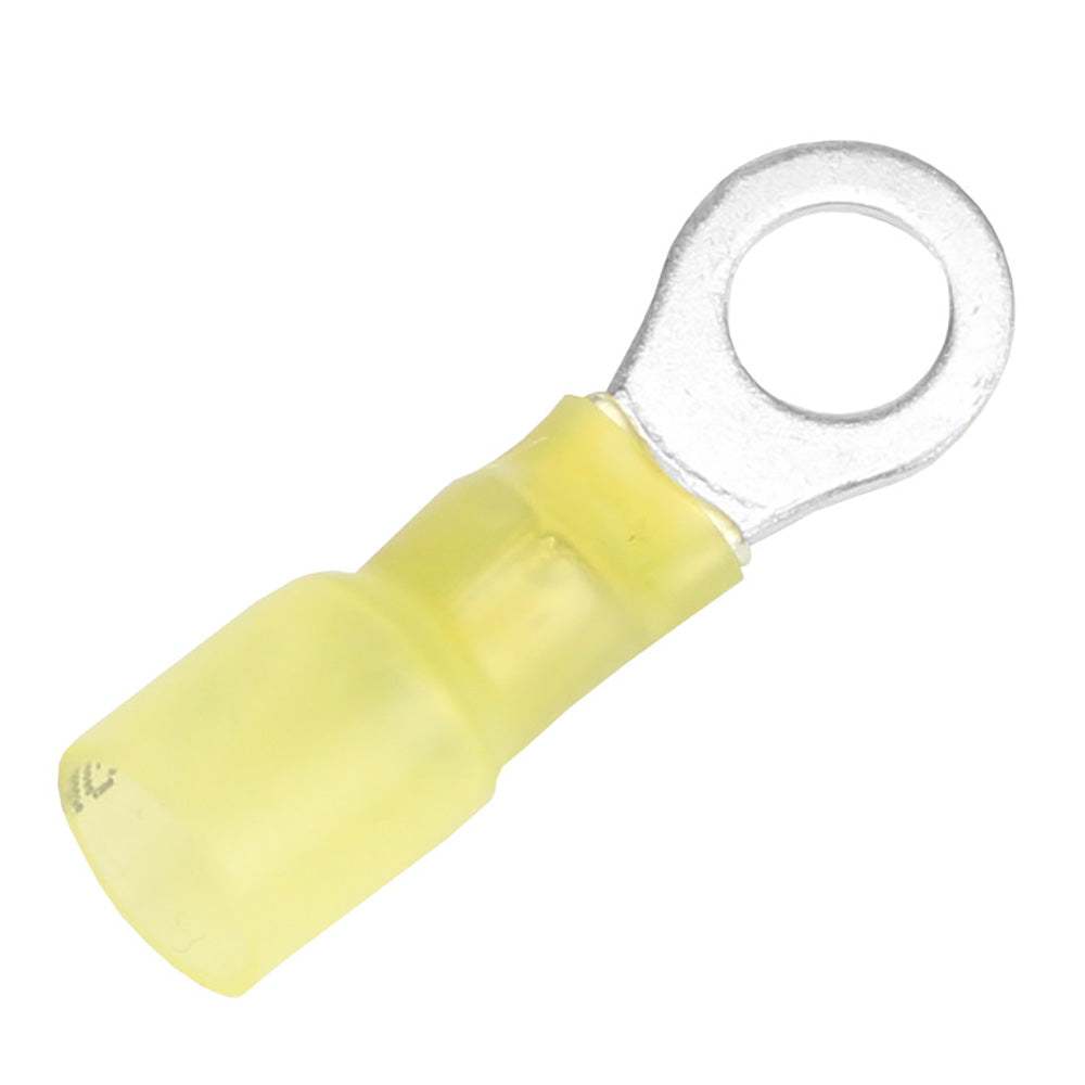 Pacer 12-10 AWG yellow heat shrink ring terminal with 1/4 inch stud size, 100 pack, tin-plated copper