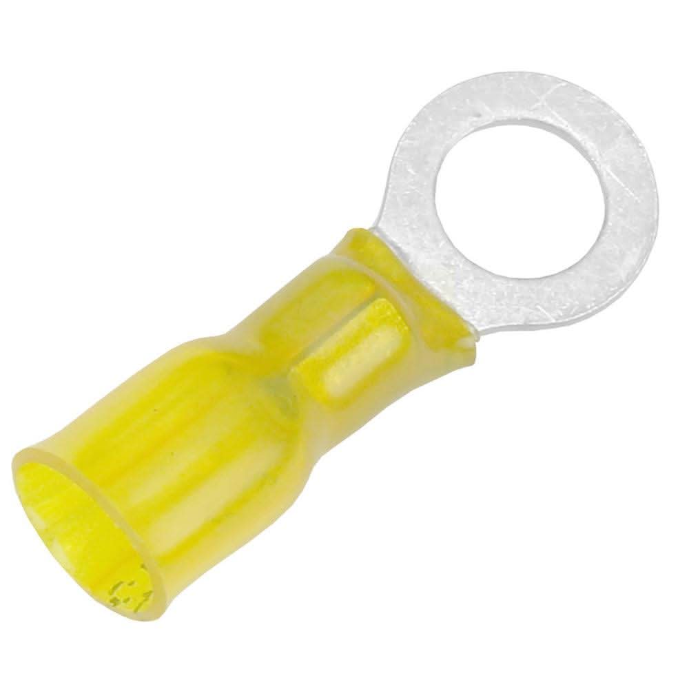 Pacer 12-10 AWG yellow heat shrink ring terminal with 5/16 inch stud size, tin-plated copper connector