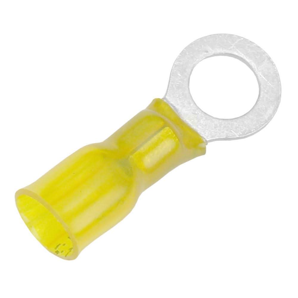 Pacer 12-10 AWG yellow heat shrink ring terminal with 5/16 inch stud size, tin-plated copper, 25 pack