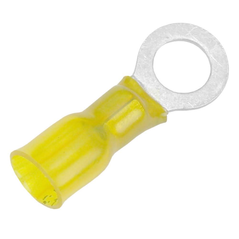 Pacer 12-10 AWG yellow heat shrink ring terminal with 5/16 inch stud size, tin-plated copper, 100 pack
