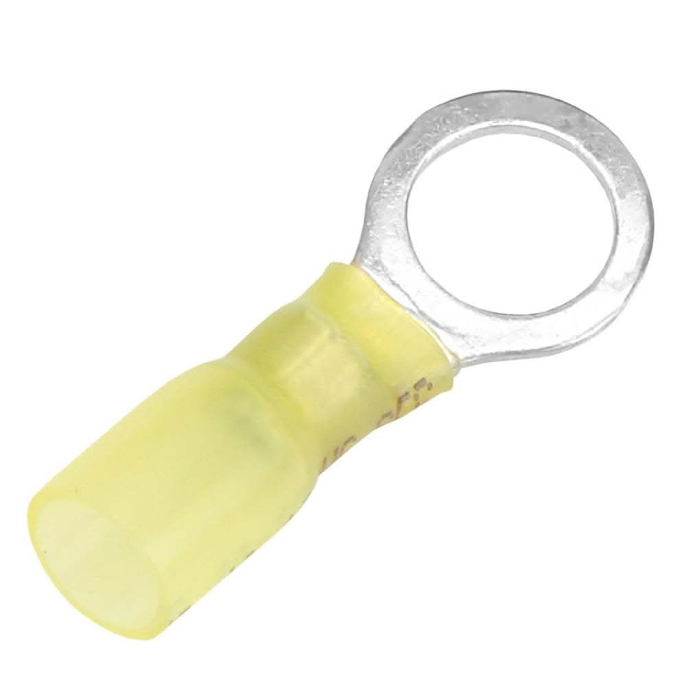 Pacer 12-10 AWG yellow heat shrink ring terminal with 3/8 inch stud size, tin-plated copper, 3 pack