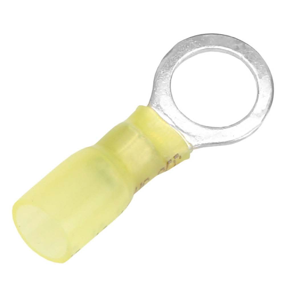 Pacer 12-10 AWG heat shrink ring terminal with 3/8" stud size, yellow insulated, pack of 100.