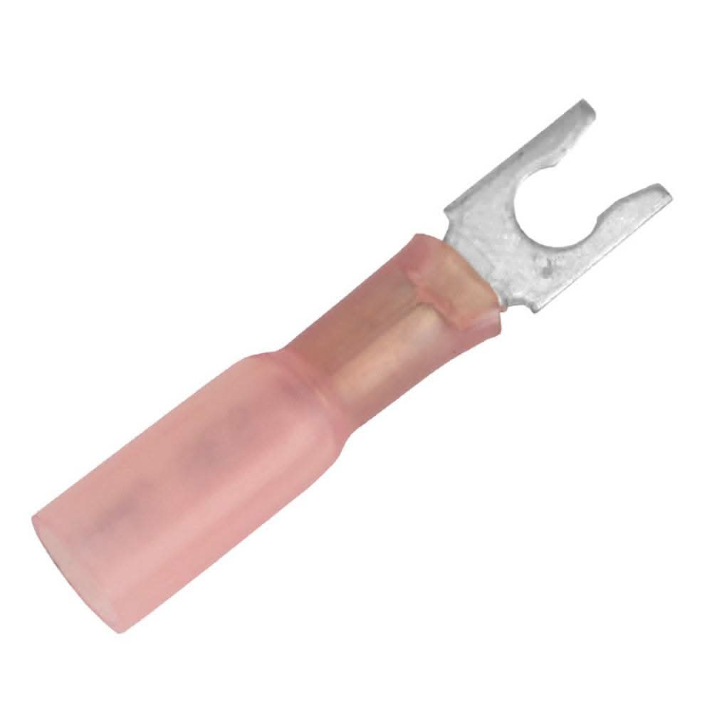 Red heat shrink spade terminal for 22-18 AWG wire, #8 stud size, tinned copper fork connector