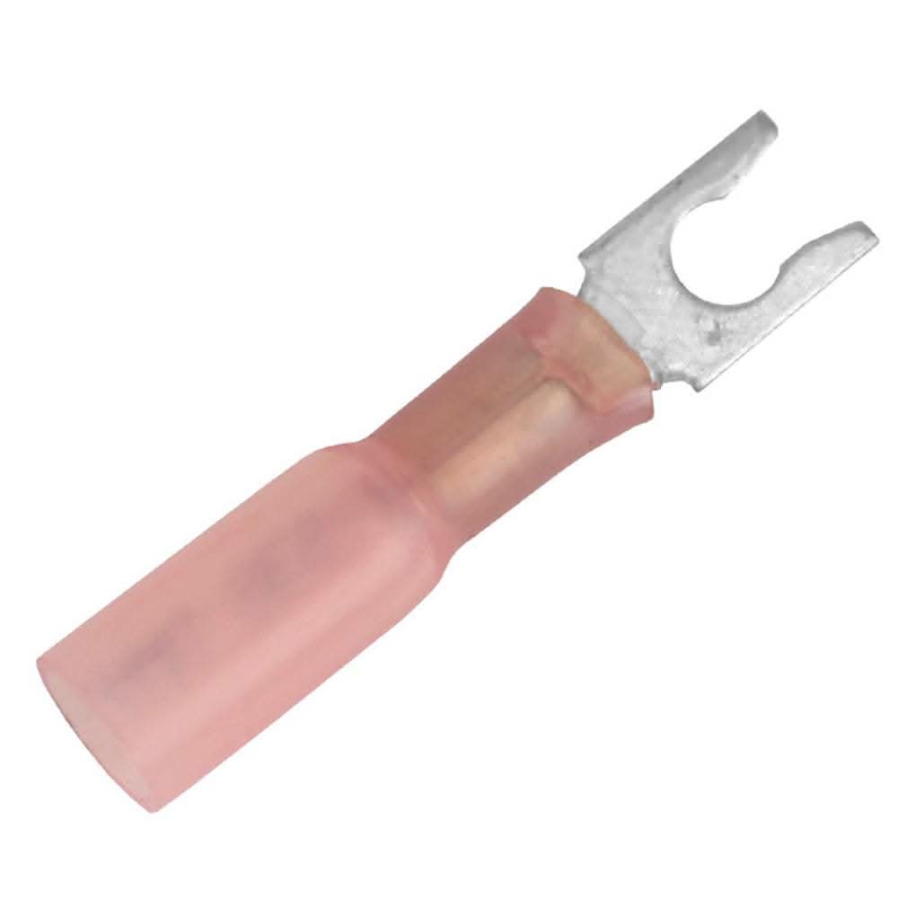 Red 22-18 AWG heat shrink spade terminal with #8 stud size for corrosion-resistant electrical connections