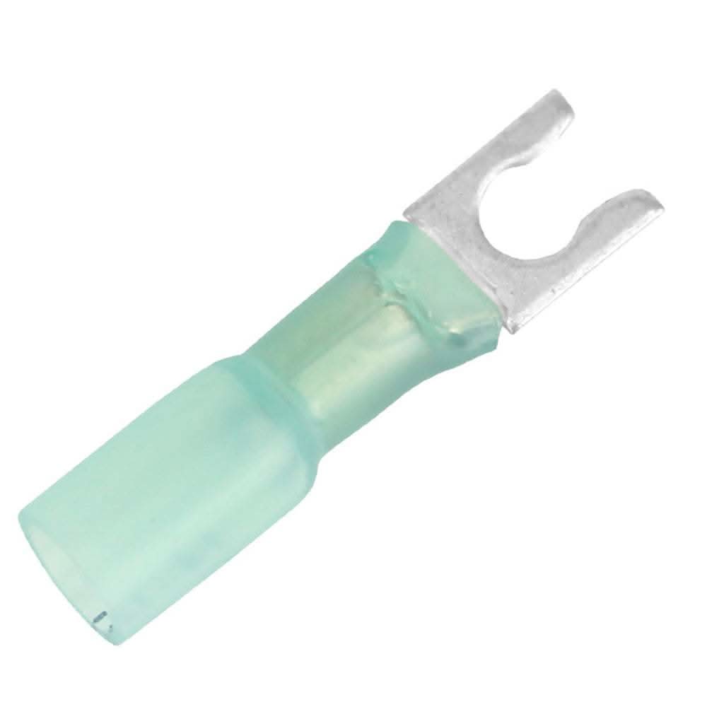 Blue 16-14 AWG heat shrink spade terminal with #8 stud size for secure electrical connections
