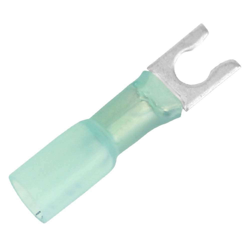 Pacer 16-14 AWG heat shrink blue spade terminal for #8 stud size, corrosion-resistant copper fork connector.