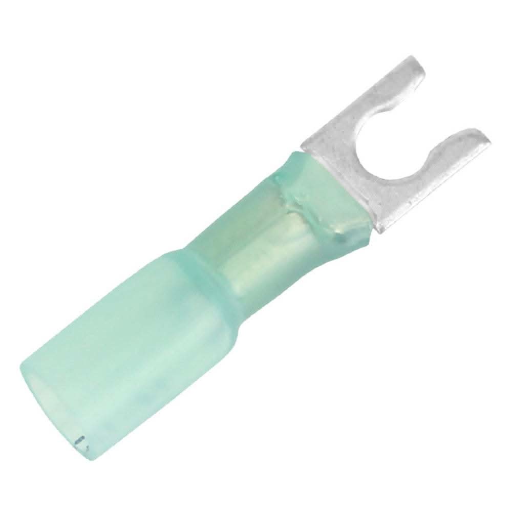 Blue 16-14 AWG heat shrink spade terminal with #10 stud size for secure electrical connections