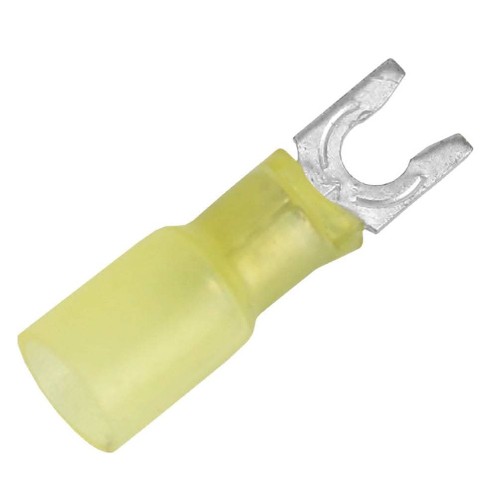Yellow 12-10 AWG heat shrink spade terminal with #8 stud size for secure electrical connections, 3 pack