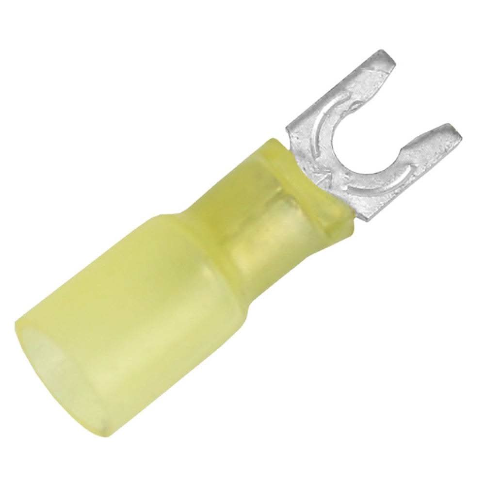Yellow heat shrink spade terminal for 12-10 AWG wire with #8 stud size, 25 pack