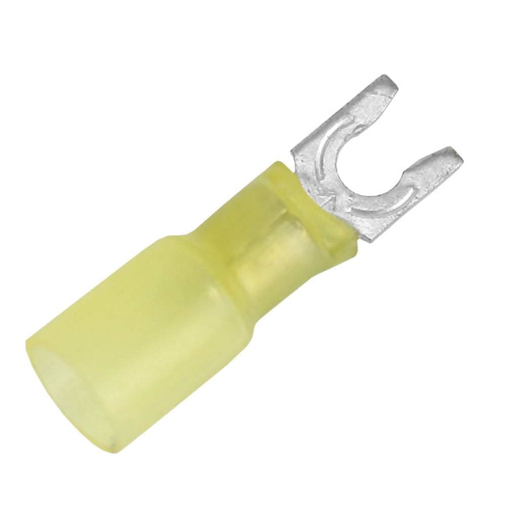 Yellow 12-10 AWG heat shrink spade terminal with #8 stud size fork connector