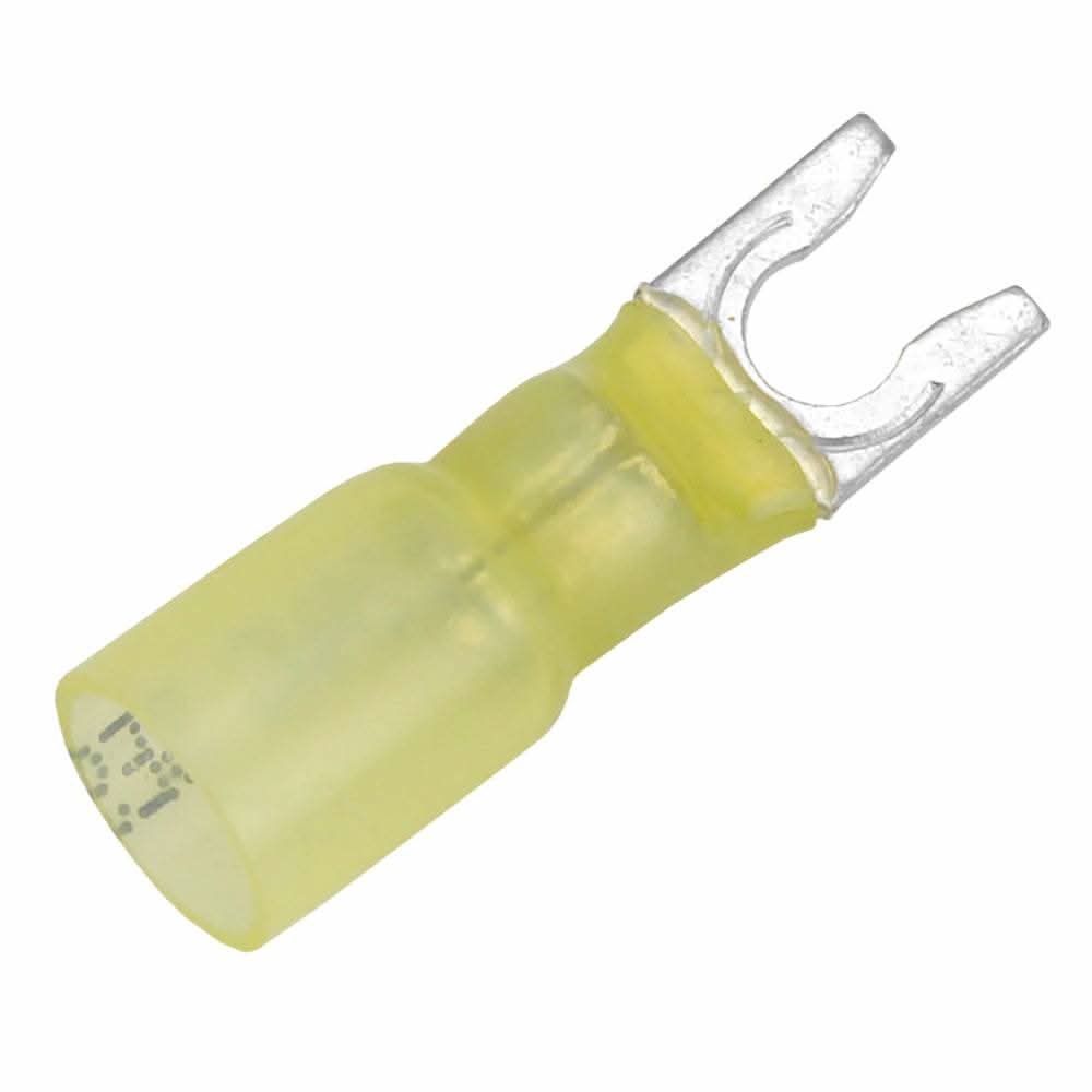 Yellow 12-10 AWG heat shrink spade terminal with #10 stud size for secure electrical connections