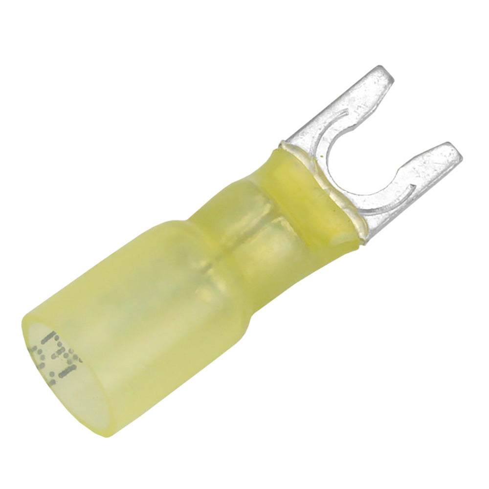 Pacer 12-10 AWG yellow heat shrink spade terminal with #10 stud size and tinned copper fork connector