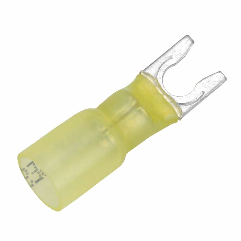 Pacer 12-10 AWG yellow heat shrink spade terminal with #10 stud size for secure electrical connections, 100 pack