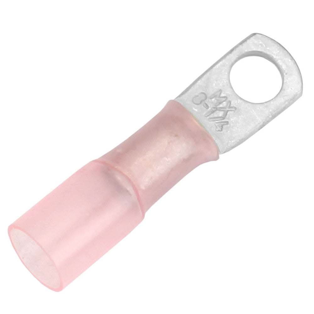 8 AWG pink heat shrink ring terminal with 1/4 inch stud size, tin-plated copper, 25 pack