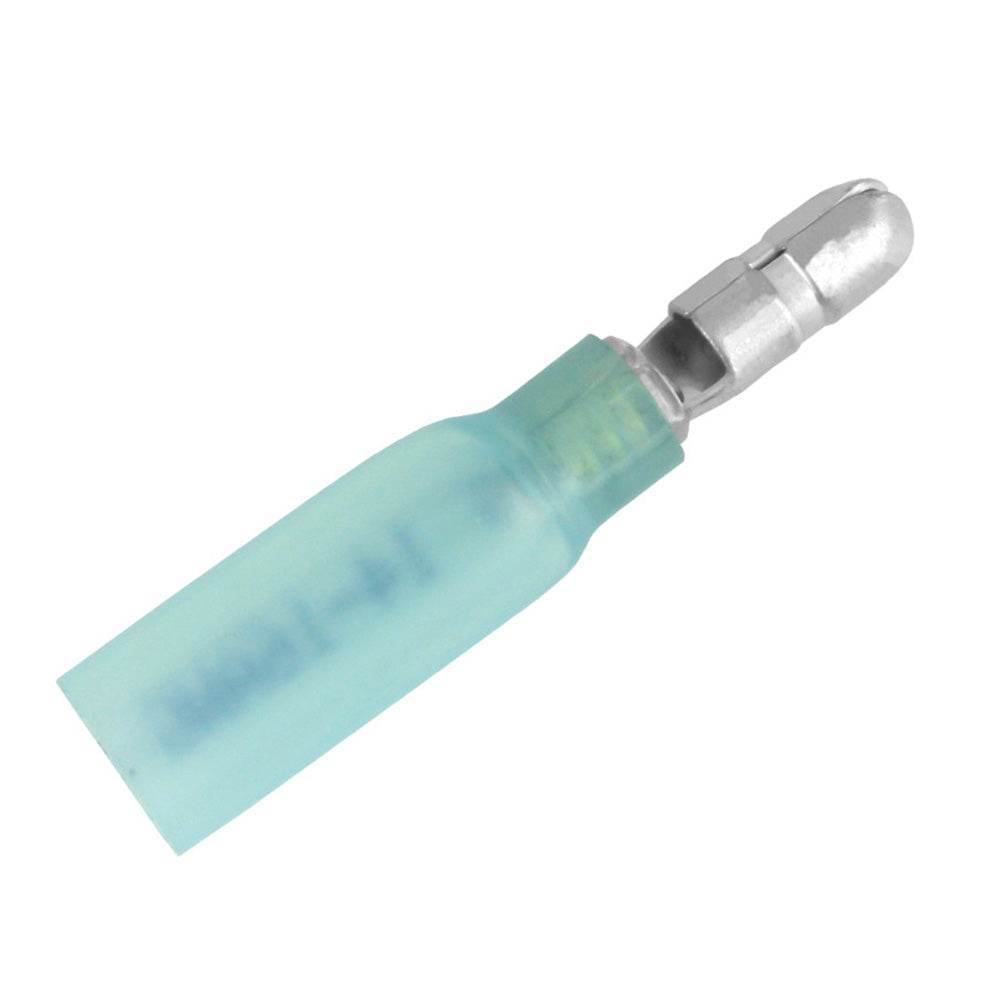 Pacer 16-14 AWG blue heat shrink male bullet terminal connector close-up